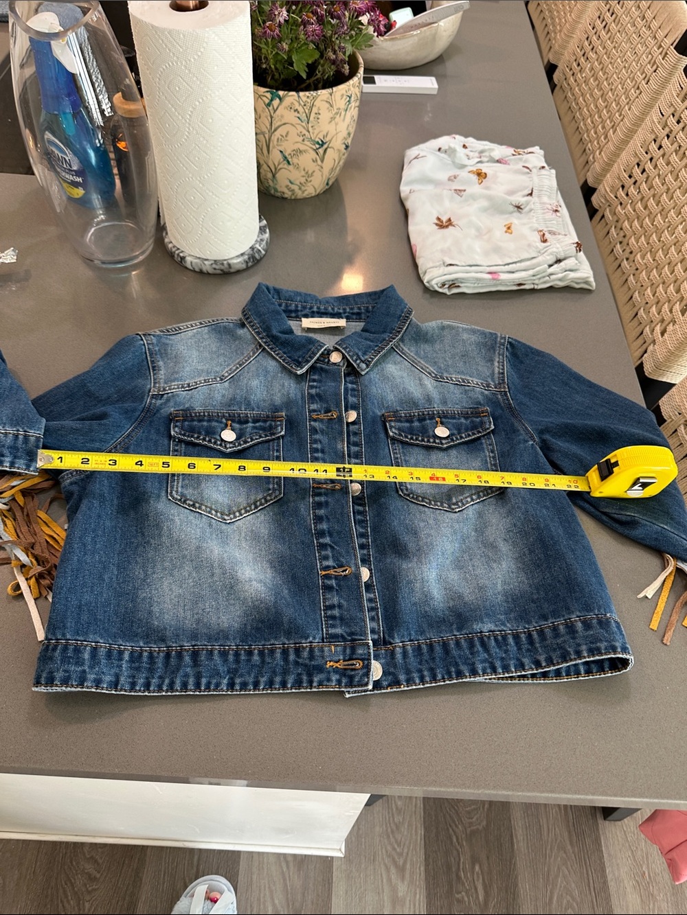 Denim Fringe Cropped Jacket in Blue with Mustard & White Accents western cowboy - Picture 6 of 6